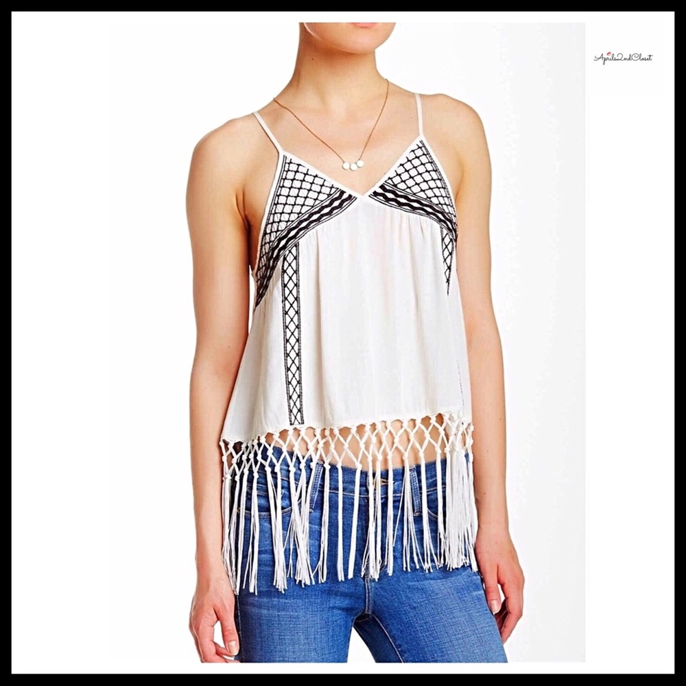 WHITE BOHO FRINGE TRIM CROP TANK A2C - Picture 8 of 8